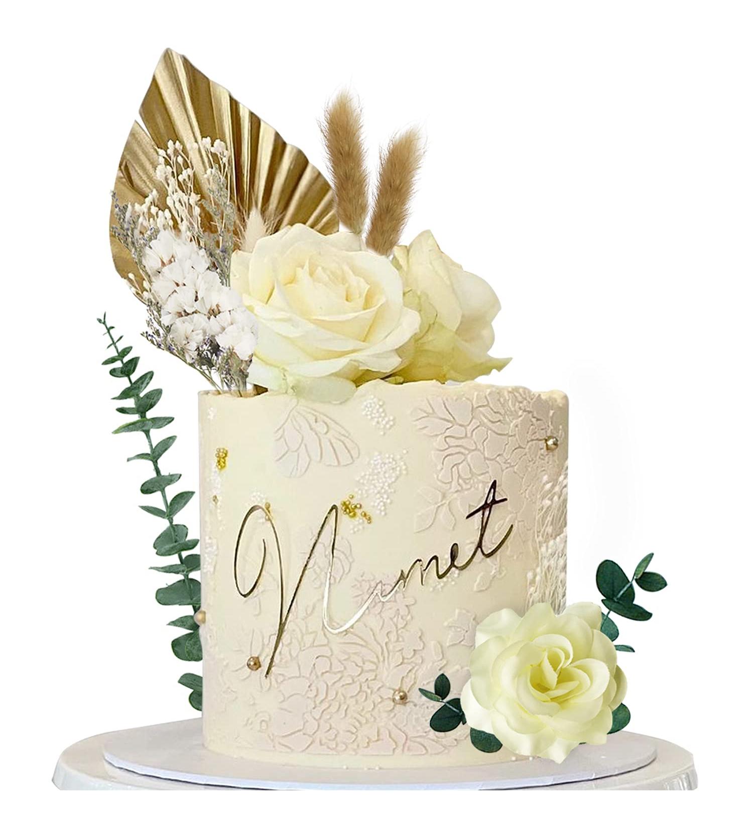 Boho Cake Topper: White Artificial Flowers with Gold Palm Leaves for Wedding and Baby Shower - Buy Online on GoSupps.com