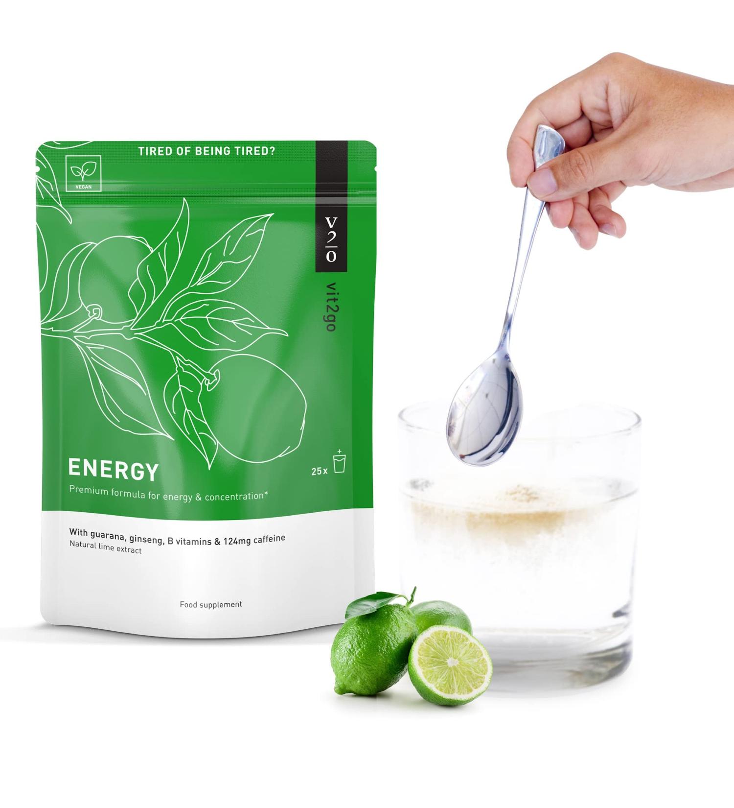 Vit2Go Natural Energy Drink Mix - 124mg Caffeine from Ginseng & Guarana | Sugar-Free No Crash Pre-Workout Powder | B Vitamins Magnesium & Zinc | Focus & Performance | Keto Vegan | 25 Portions - Buy Online on GoSupps.com