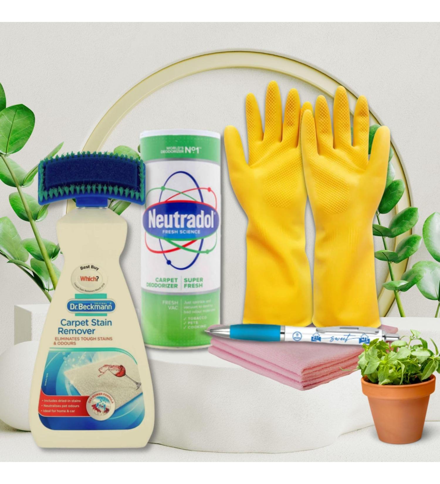 7pc Carpet Cleaner Kit | Dr Beckmann Carpet Stain Remover 650ml Neutradol Carpet Deodorizer 650ml 1 pair Gloves Microfibre Cloth 3pk with Sinta Gifts Pen | Eliminates Tough Stains & Odours - Buy Online on GoSupps.com