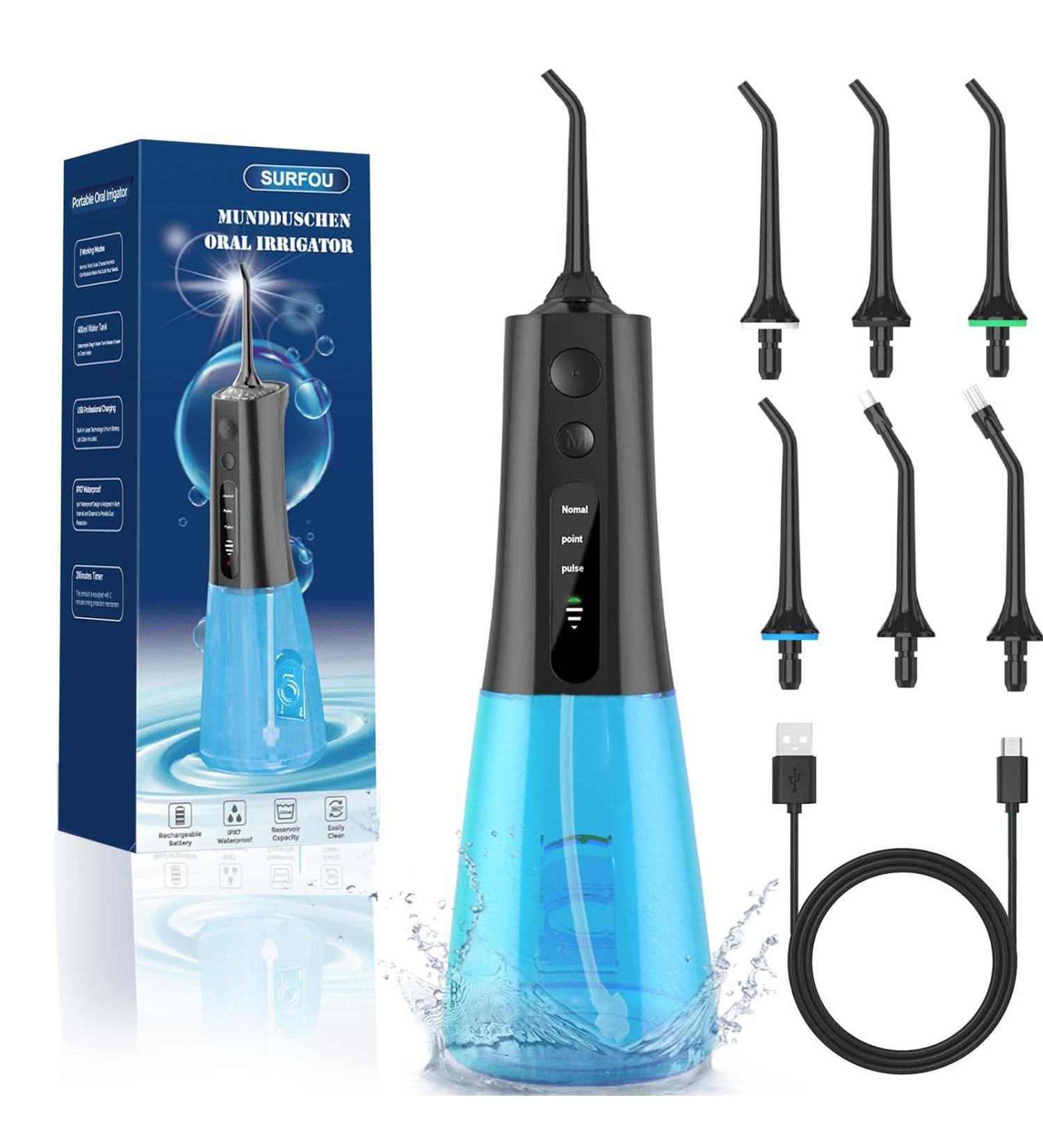 Surfou Oral Shower - IPX7 Waterproof 300ml Portable Cleaner | USB Rechargeable 3 Modes 4 Pressure Settings 6 Nozzles - Perfect Christmas Gift for Travel & Home - Buy Online on GoSupps.com