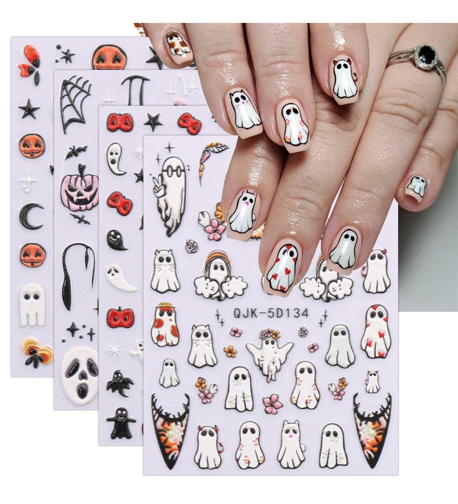 JMEOWIO 3D Embossed Halloween Nail Art Stickers Decals Self-Adhesive 5D Cute Ghost Nail Supplies Nail Art Design Decoration Accessories 4 Sheets - Buy Online on GoSupps.com