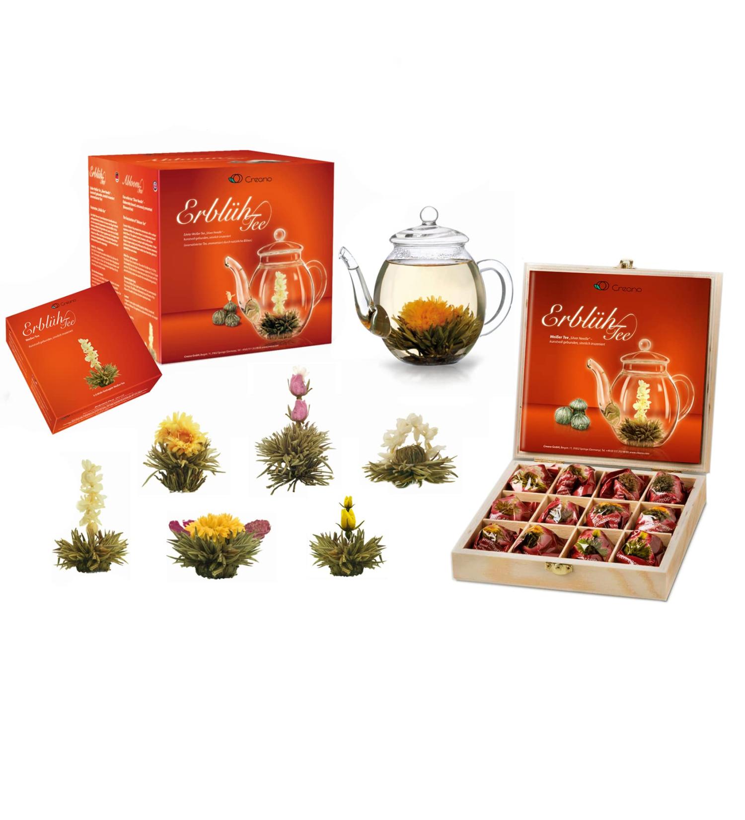 Creano Tea Flower Mix - BloomingTea Gift Set with Glass Jar (500ml) + 12 Tea Flowers in Wooden Box in 6 Varieties | White Tea - Buy Online on GoSupps.com