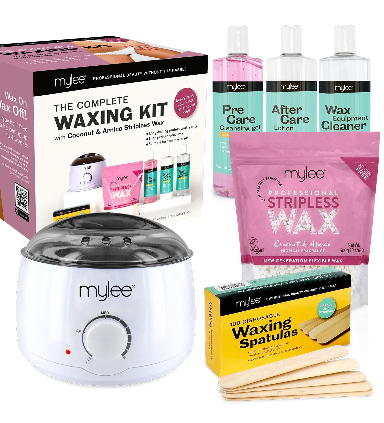 Mylee Professional Complete Waxing Kit: Hard Wax Beads 500g, Heater, Spatulas, Pre & After Care Gel - Coconut & Arnica - Buy Online on GoSupps.com