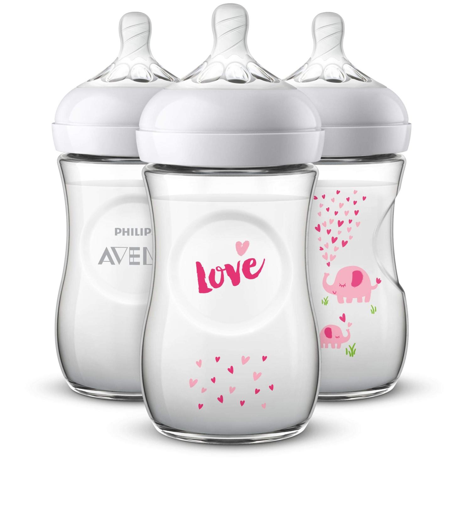 Philips Avent Natural Baby Bottle with Pink Elephant Design  9oz  3pk