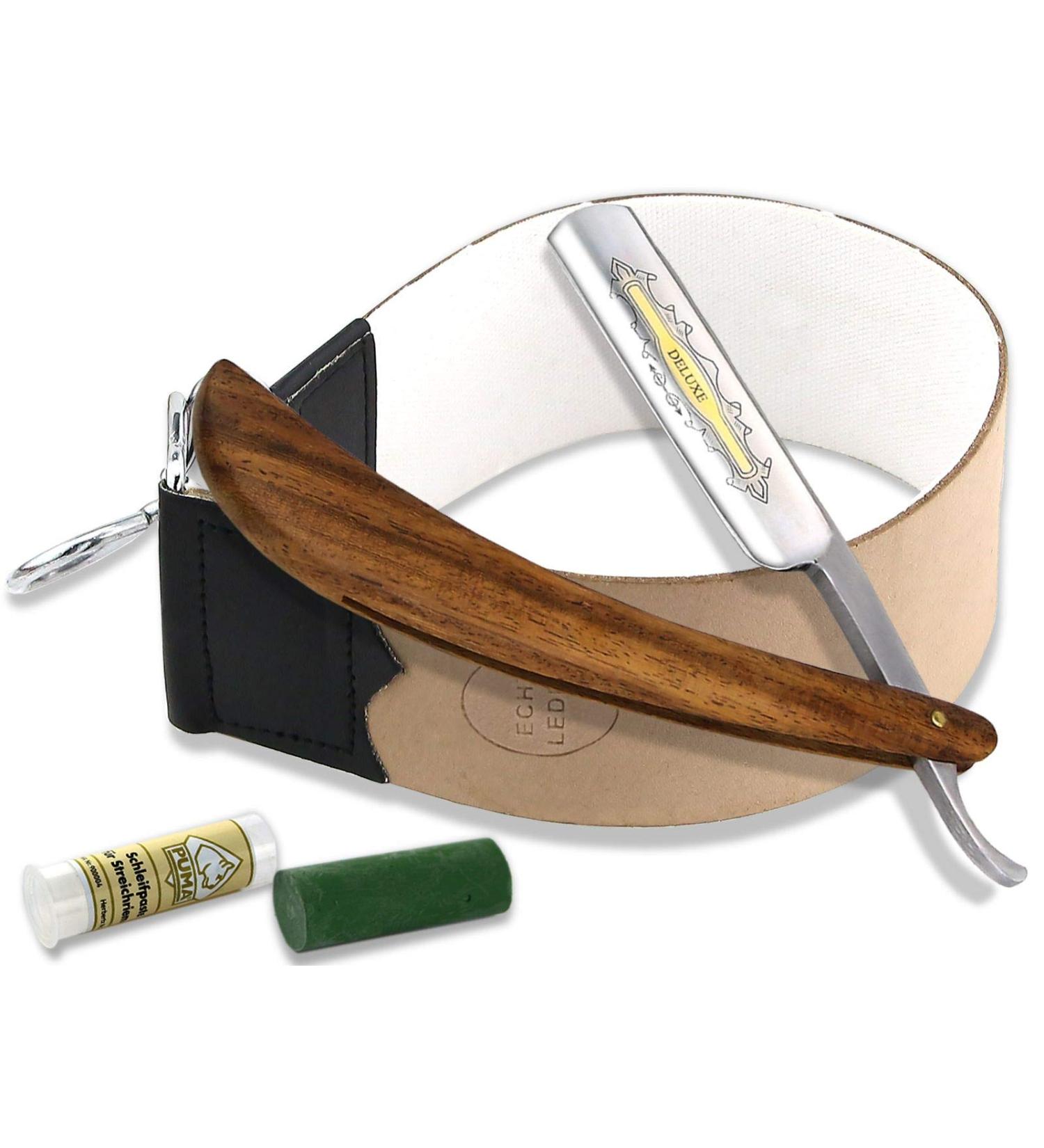 Premium Solingen Razor Set with Gold Etching & Wooden Handle | Professional Leather & Linen Sharpening Straps - Buy Online on GoSupps.com