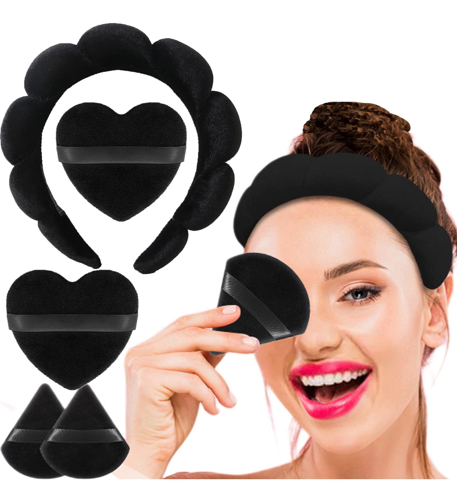 TNZLTDW Black Headband for Women with 4 Powder Puffs - Spa Headband for Skincare and Makeup | Non-Slip Skin Care Tool - Buy Online on GoSupps.com