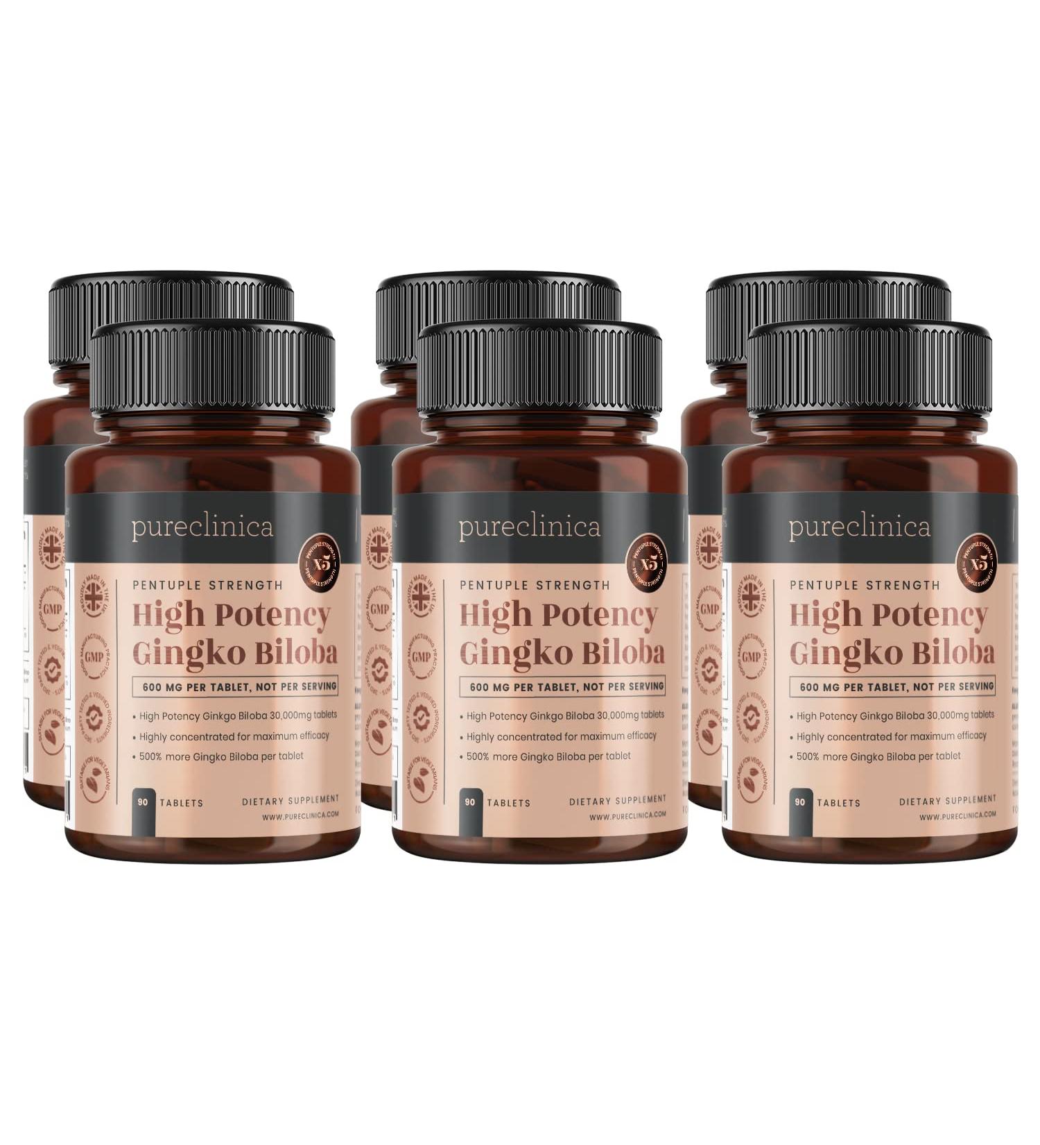 Pureclinica High Potency Ginkgo Biloba 30,000mg - 18 Month Supply (6 Bottles of 90) | Boost Memory and Focus - Buy Online on GoSupps.com