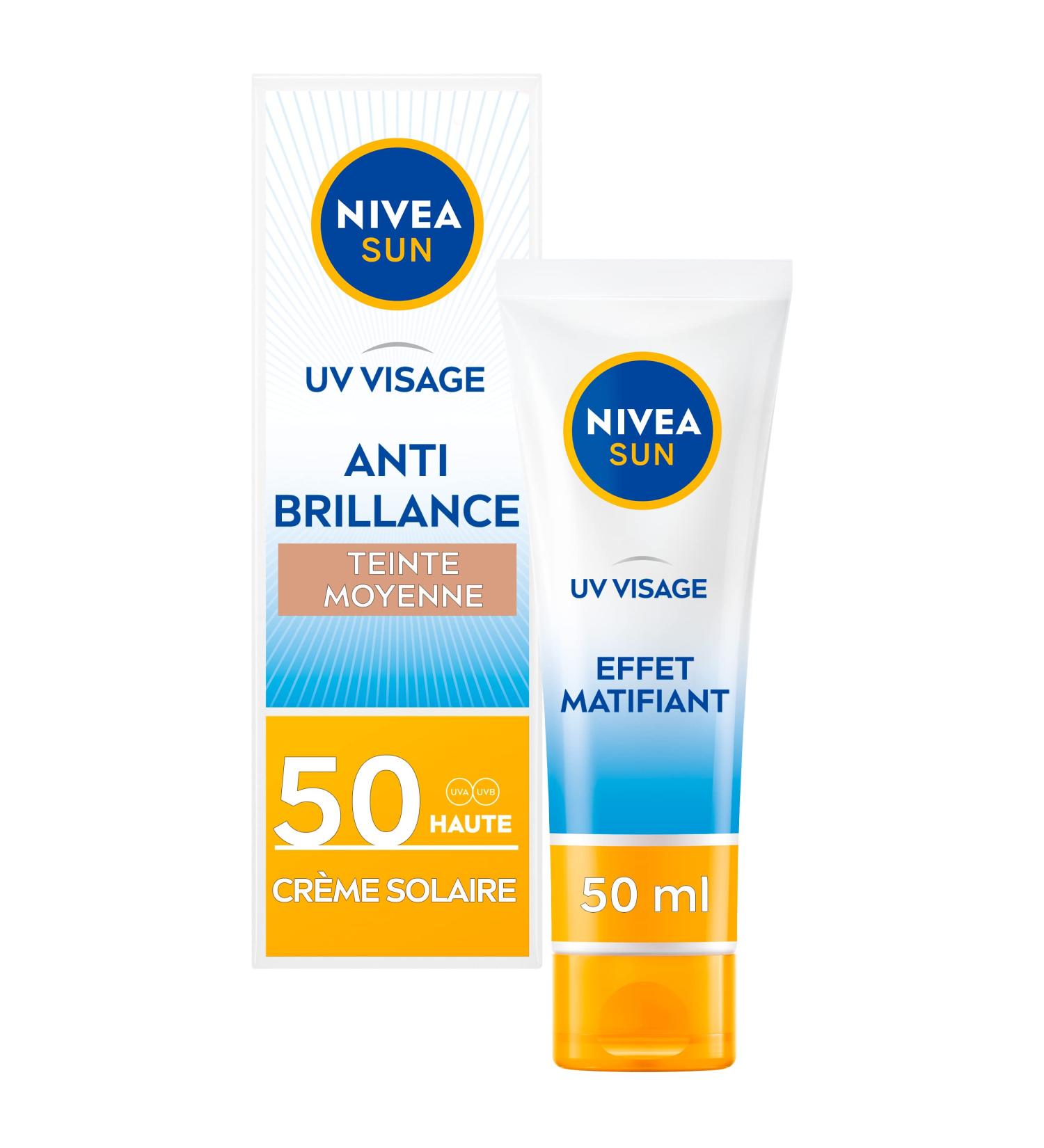 NIVEA SUN Tinted Cream 50 SPF Anti Shine (1 x 50 ml) Light and non-greasy mattifying face care Tinted fluid with an exclusive formula containing Licochalcone A - Buy Online on GoSupps.com