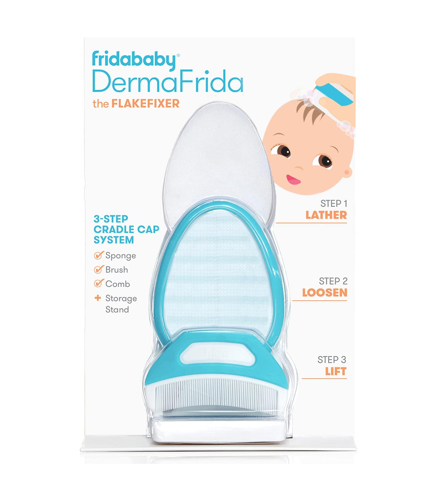 Fridababy DermaFrida 3-Step Cradle Cap System: Sponge Brush Comb with Storage Stand for Babies - Flake Fixer Solution - Buy Online on GoSupps.com