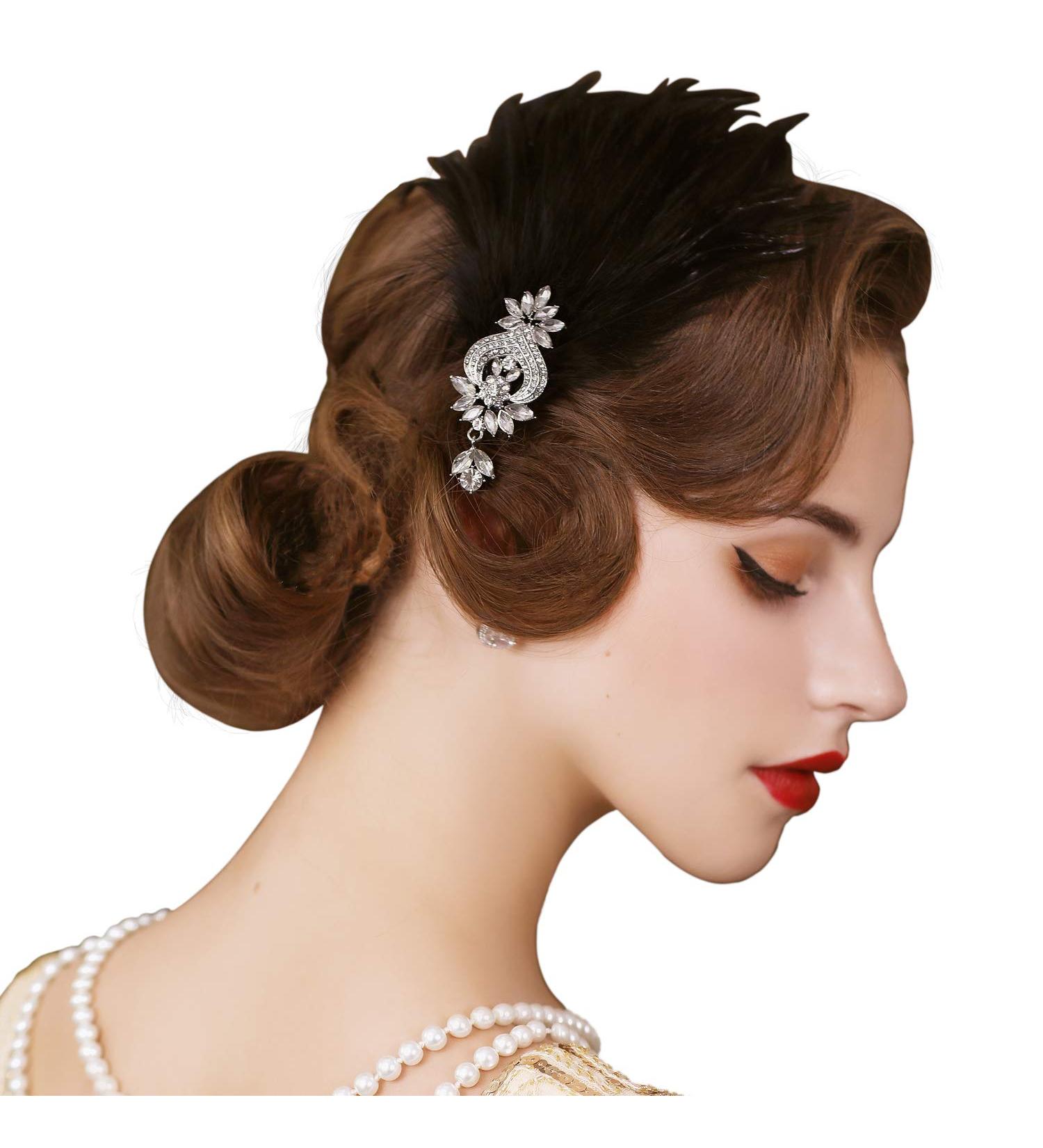 1920s Feather Flapper Headband | Roaring 20s Gatsby Hair Clip - Black - Buy Online on GoSupps.com
