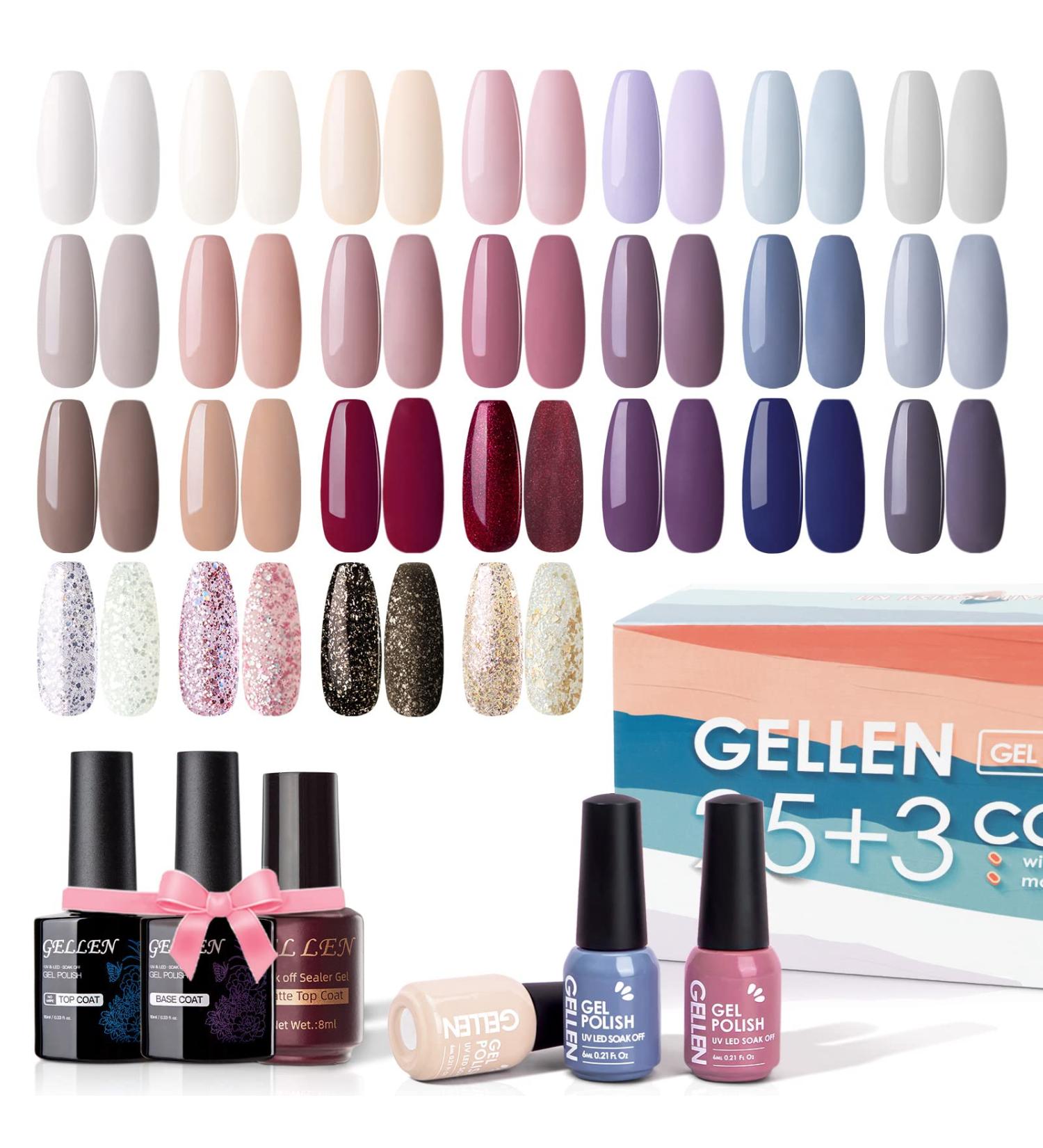 Gellen Gel Nail Polish Kit - 28 Pack Nude Grays Pastels Glitter Gel Polish Set | Glossy/Matte Top & Base Coat | Trendy Home/Salon Manicure Kit - Buy Online on GoSupps.com