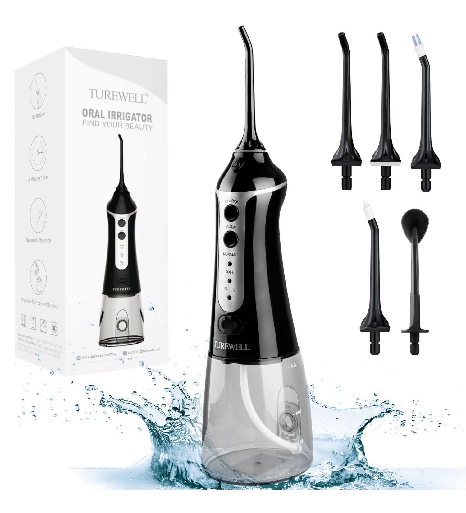Water Dental Flosser Cordless - 300ML Portable Oral Irrigator with 3 Modes, 5 Water Jet Tips, IPX7 Waterproof - Teeth Cleaner for Braces, Travel - Black - Buy Online on GoSupps.com