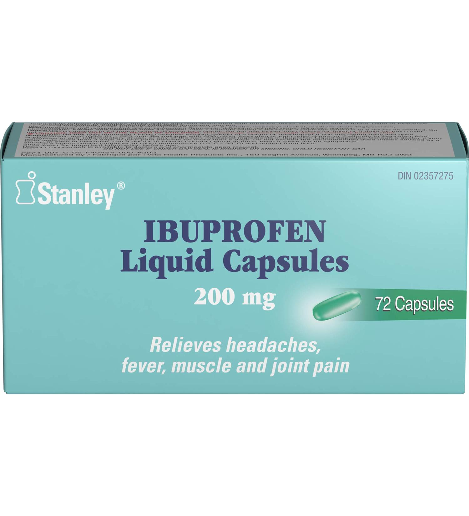 Stanley Pharmaceuticals Ibuprofen Relieves Headaches Fever Muscle and Joint Pain 200mg 72 Liquid Capsules Medication - Buy Online on GoSupps.com