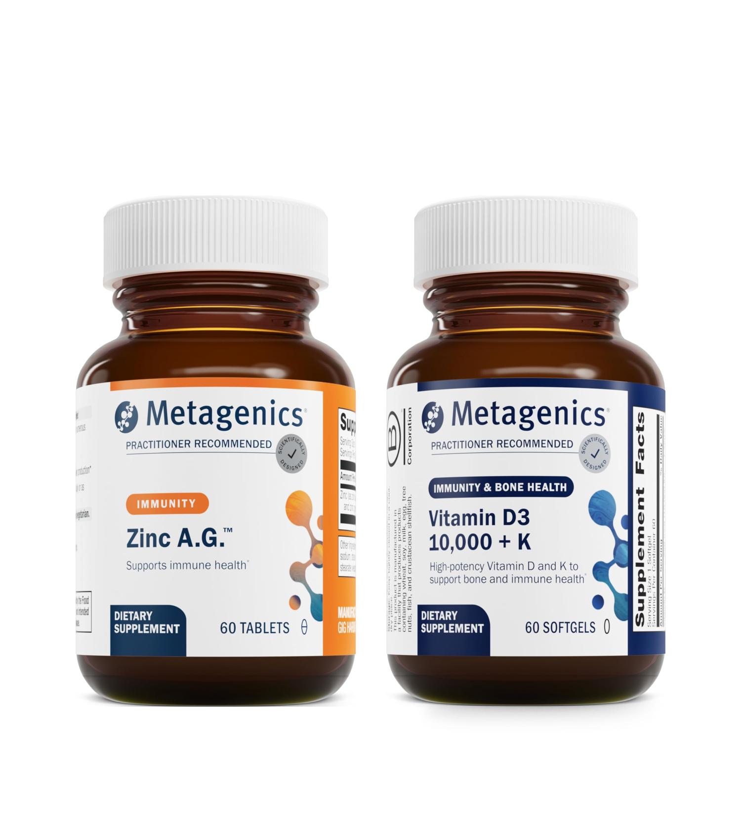 Metagenics Bundle - Zinc A.G. & D3 10 000 + K - 60 Tablets of Zinc A.G. for Immune Support Bone Health Energy Metabolism - 60 Softgels of D3 10 000 + K for Immune Support Heart Health - Buy Online on GoSupps.com