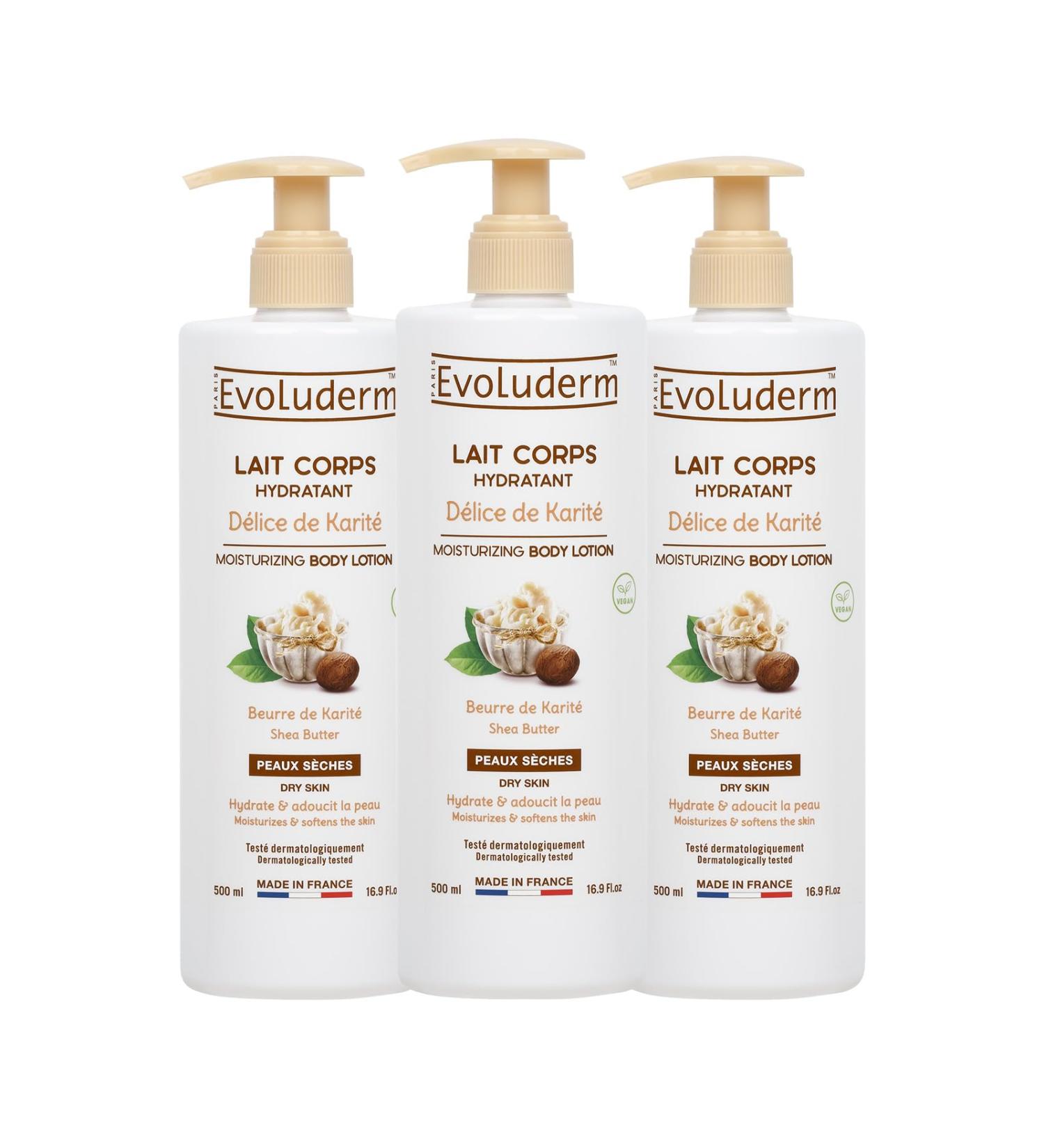 EVOLUDERM Moisturizing Body Lotion - Shea Delight - 500 ml - Natural Ingredients - Vegan - Made in France - Pack of 3 x 500 ml - Buy Online on GoSupps.com