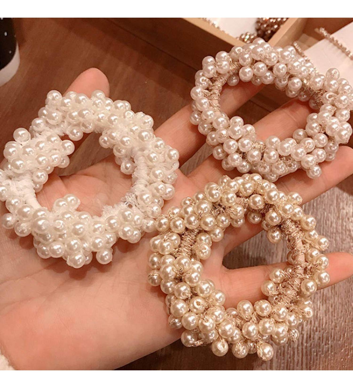 Brinie Pearl Champagne Hair Ties - Pack of 3 Elastic Scrunchies for Women and Girls - Buy Online on GoSupps.com