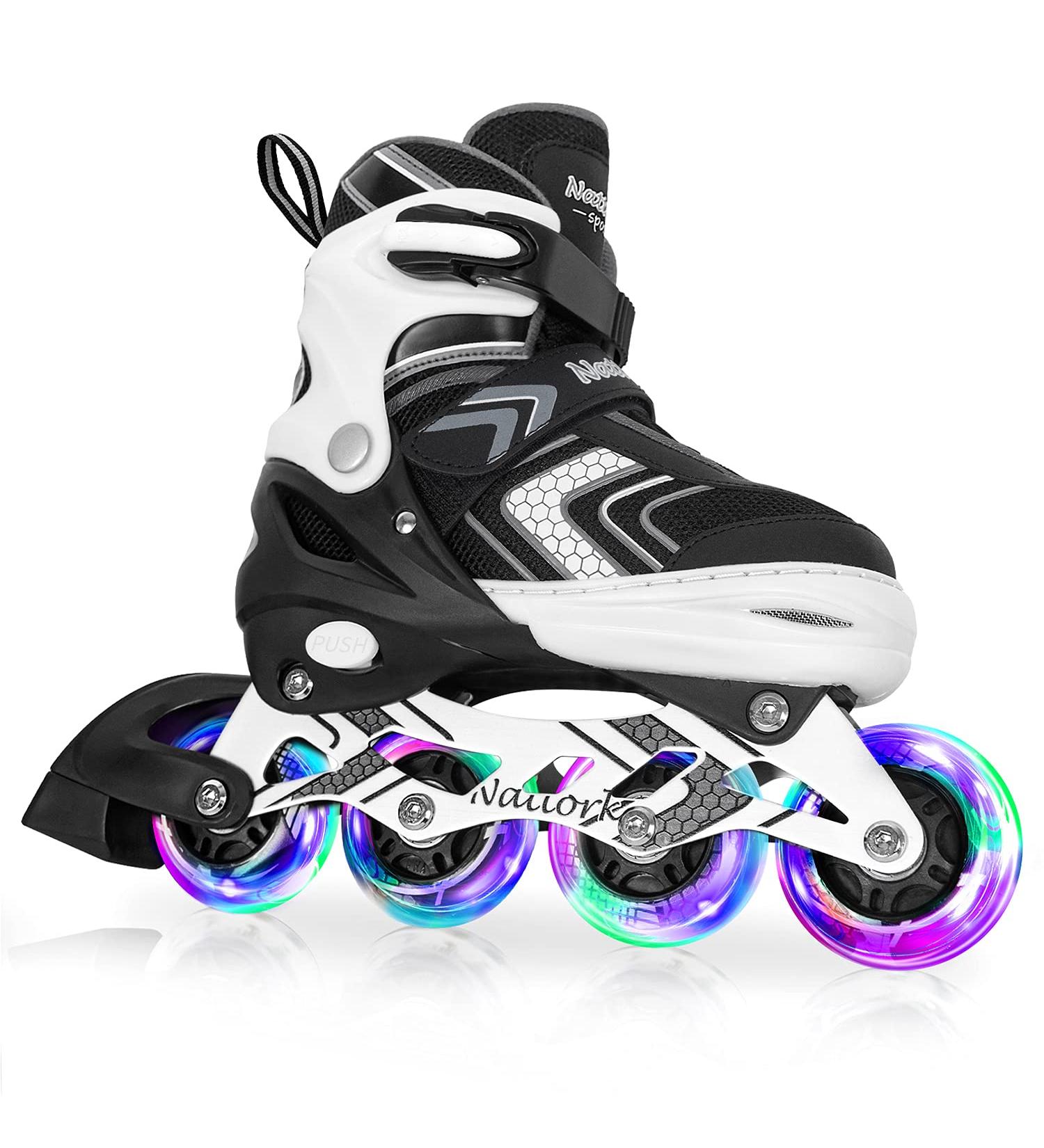 Nattork Kids Inline Skates with Light Up Wheels | Adjustable Outdoor Roller Skates for Boys and Girls | Safe & Durable Blades | Purple Pink Black Blue Black | Large-Youth (5-8 US) - Buy Online on GoSupps.com