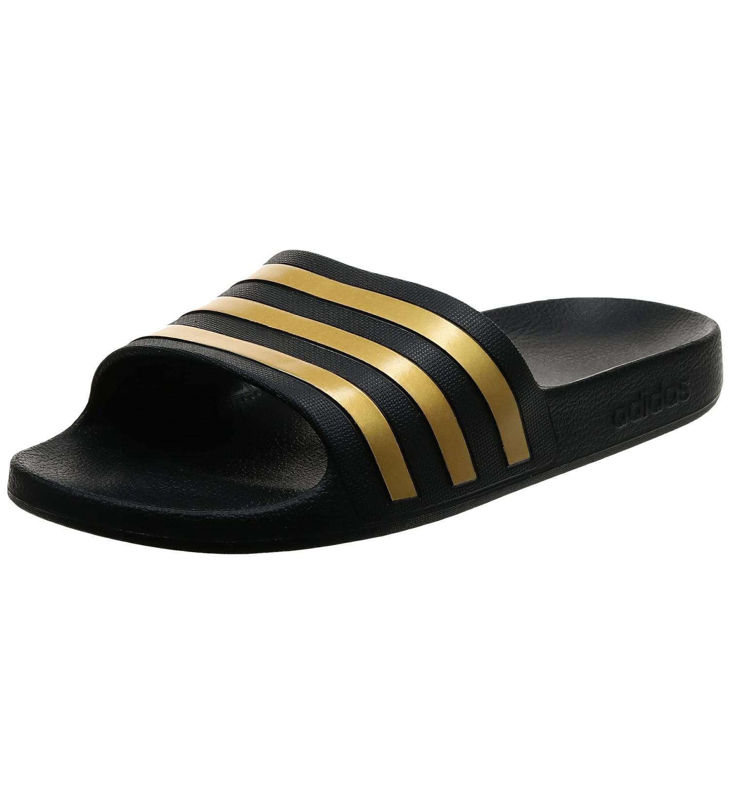 adidas Unisex Adilette Aqua Slides Sandal - Core Black/Gold Metallic - Size 9 Women/8 Men - Buy Online on GoSupps.com