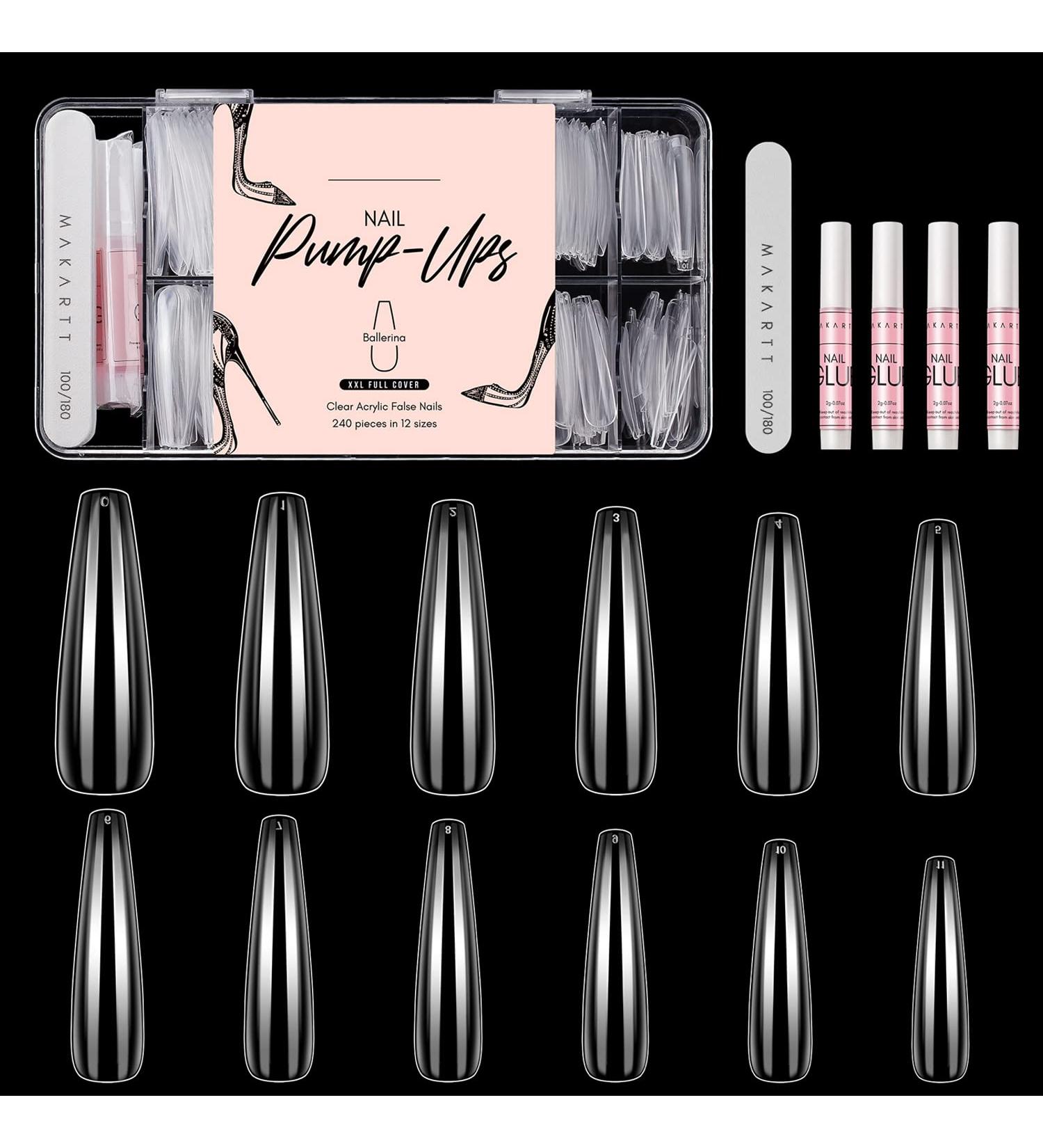 Makartt 240pcs Soft Gel Full Cover Coffin Nail Extensions Kit with Glues and File - XXL Extra Long Press on Nails for Acrylic False Nail Art - Buy Online on GoSupps.com