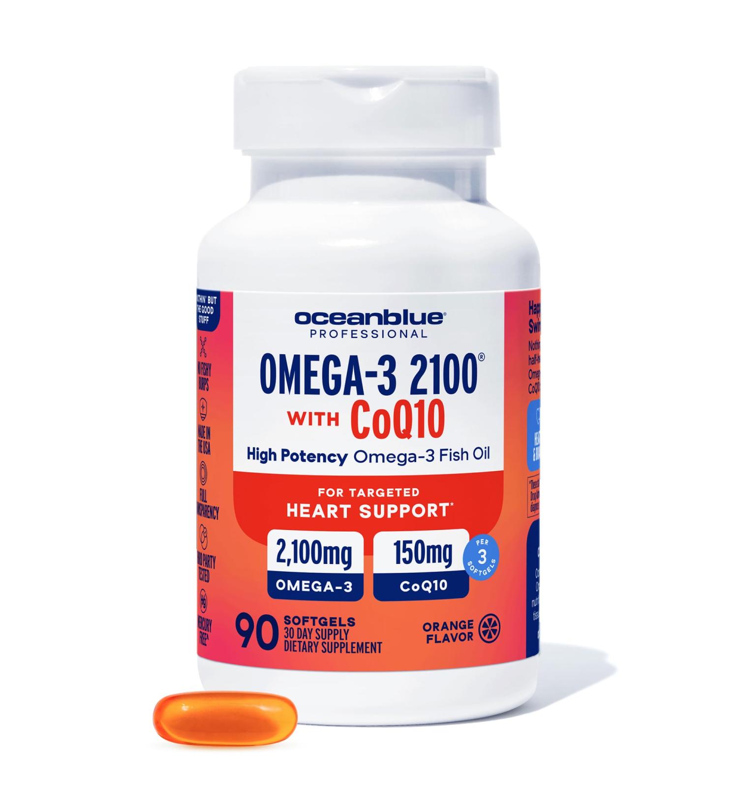 Oceanblue Omega 3 2100 with CoQ10 | Triple Strength Fish Oil Combo Supplement | 1350MG EPA 650MG DHA 150MG DPA with 150MG CoQ10 | Orange Flavor | Heart Support | 90 Softgels 90 Count (Pack of 1) - Buy Online on GoSupps.com