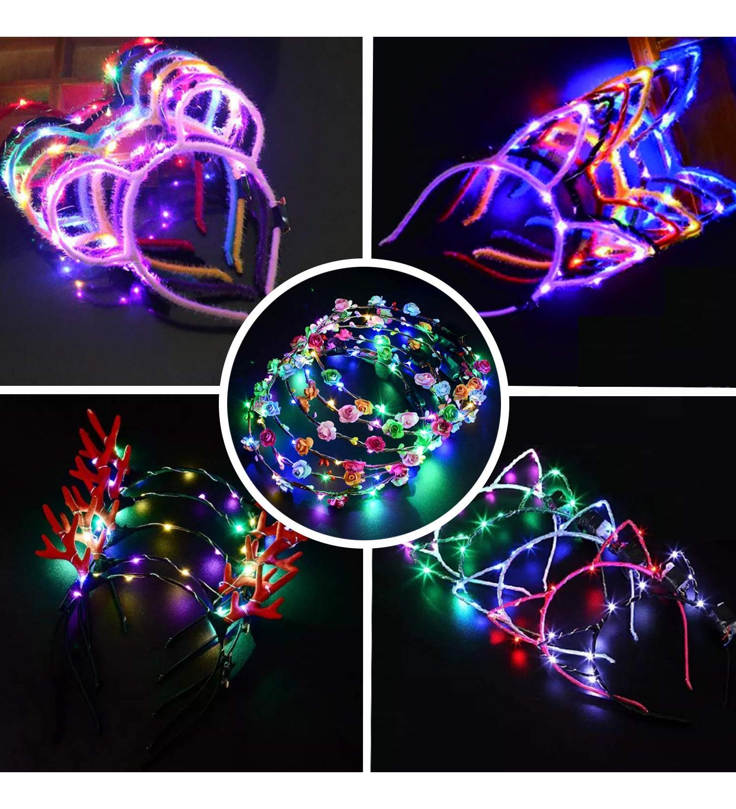 10Pcs LED Cat Ear Flower Crown Headband - Light Up Glow Hairband for Women, Girls - Perfect for Concerts, Parties, Halloween - Buy Online on GoSupps.com