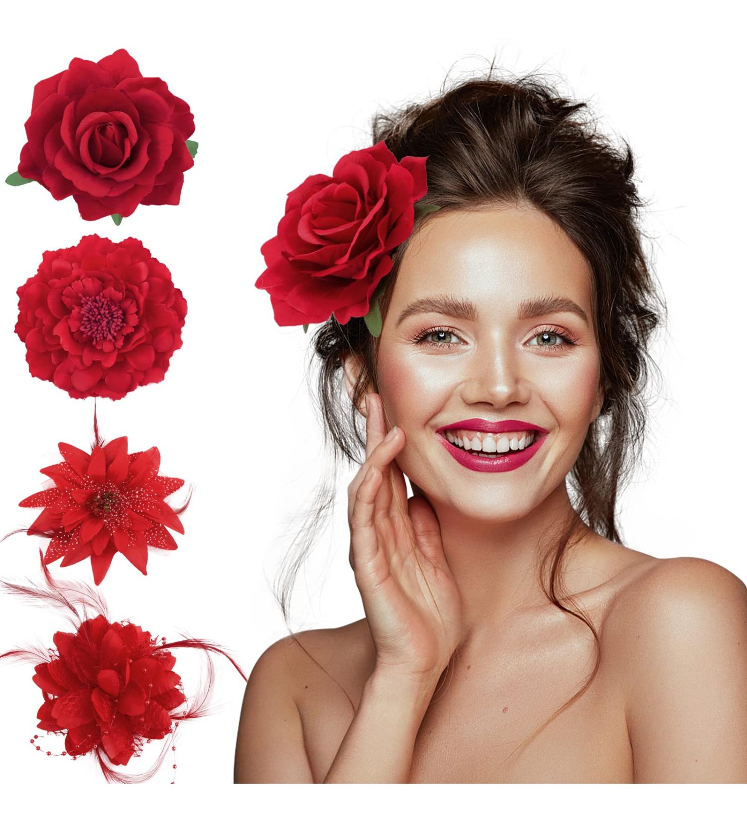 Bofunx 4-Piece Red Flower Hair Clip Set - Elegant Hair Jewelry for Party Wedding Halloween & Masquerade - Stylish Hair Clamps - Buy Online on GoSupps.com