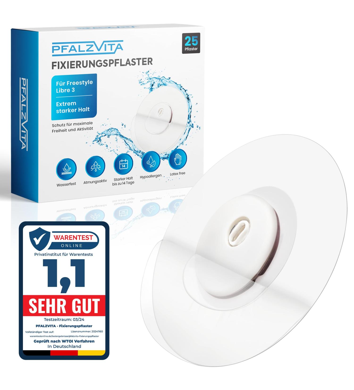 Pfalzvita Freestyle Libre 3 Pflaster - 25 Premium Water-Resistant Fixing Plasters | Skin-Friendly Self-Adhesive for 14 Days | Transparent Sensor Protection - Buy Online on GoSupps.com