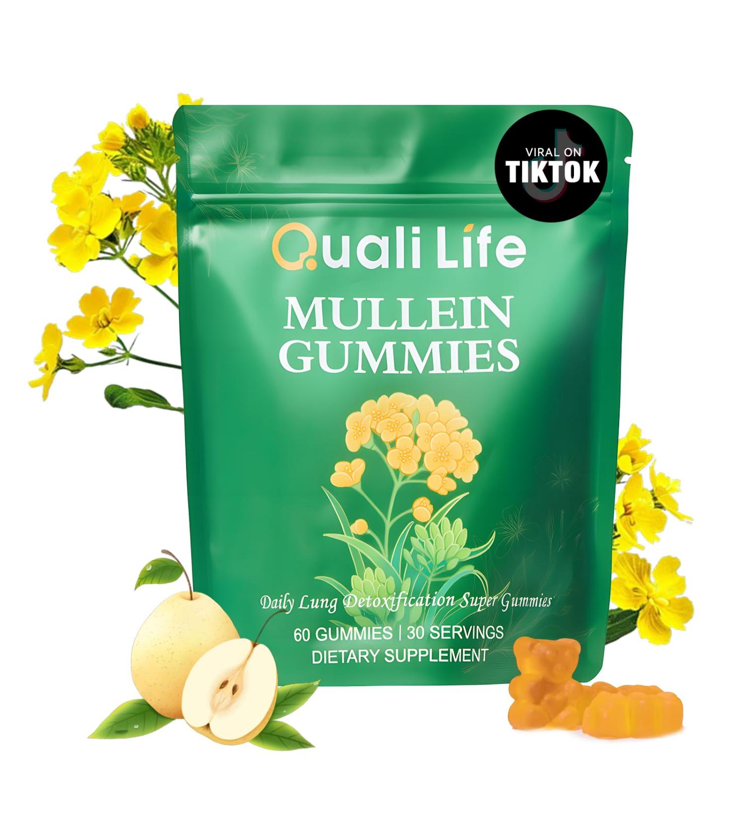 QualiLife Mullein Gummies for Lungs - 2000mg Mullein Leaf Extract for Lung Detox for Smokers Cleanse Respiratory Digestive & Immune Support - Pear Flavor 60 Gummies - Buy Online on GoSupps.com