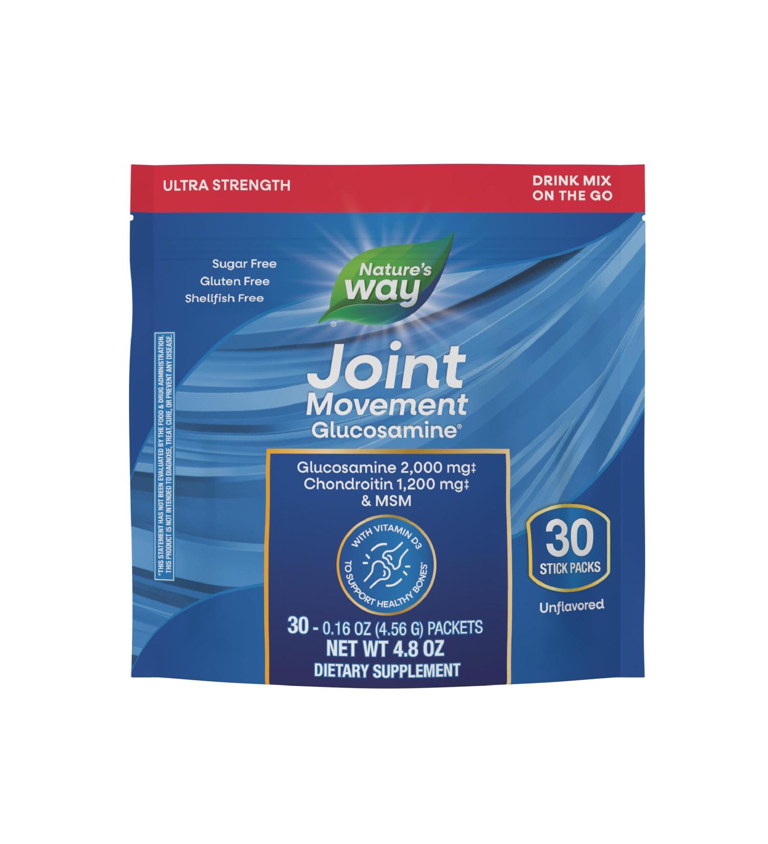 Nature's Way Joint Movement Glucosamine Drink Mix Ultra Strength Glucosamine MSM Hyaluronic Acid Vitamin D3 Supports Bones Muscles Cartilage* No Sugar Joint Support* 30 Unflavored Packets - Buy Online on GoSupps.com