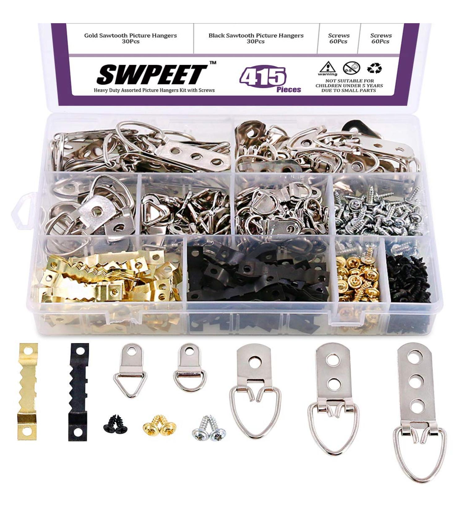 Swpeet 415Pcs Picture Hangers Kit with Screws  Heavy Duty Assorted Picture Hangers Assortment Kit for Picture Hanging Solutions with Transparent Box - 7 Models - Buy Online on GoSupps.com
