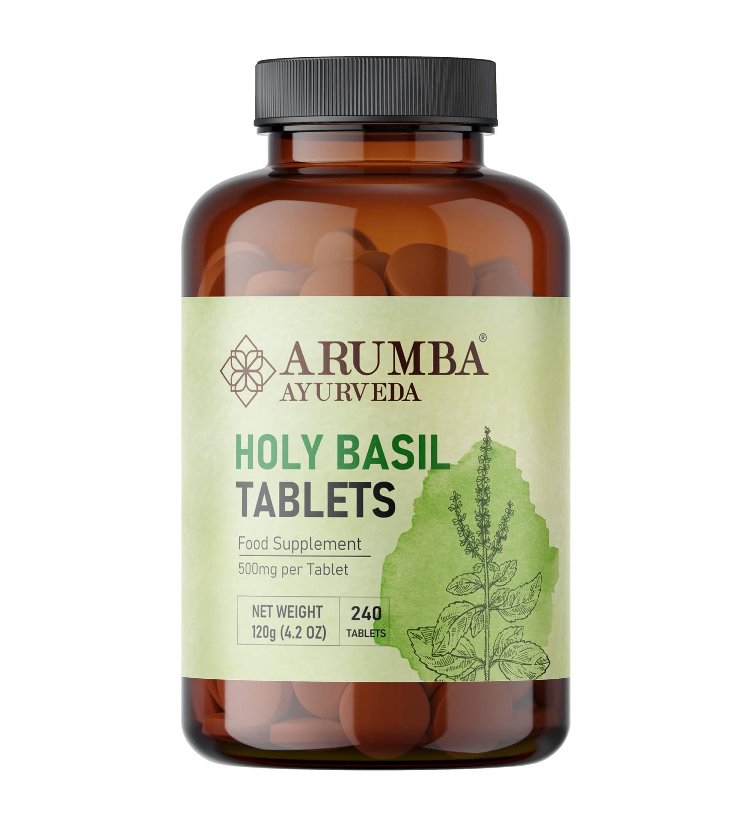 Arumba Ayurveda Tulsi Tablets 240 nos - 500mg Made from Pure Tulsi Leaf Powder - Buy Online on GoSupps.com