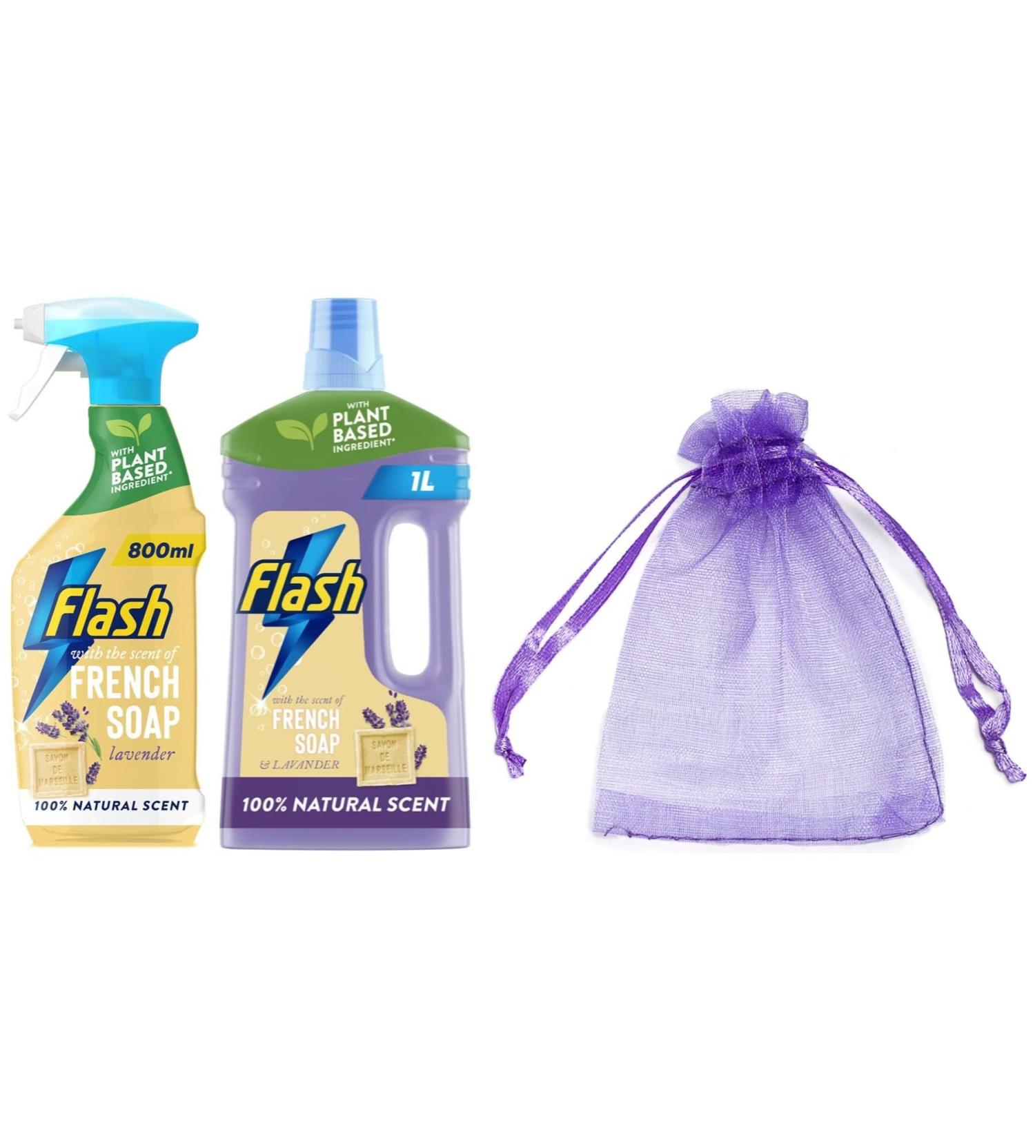 Flash Traditional Collection with The Scent of Natural French Soap & Lavender: Multi-Purpose Cleaning Spray 500ml + Floor Multi-Purpose Liquid Cleaner 1L + Our Gift for You: Organza Bag 9x7x0.1cm - Buy Online on GoSupps.com