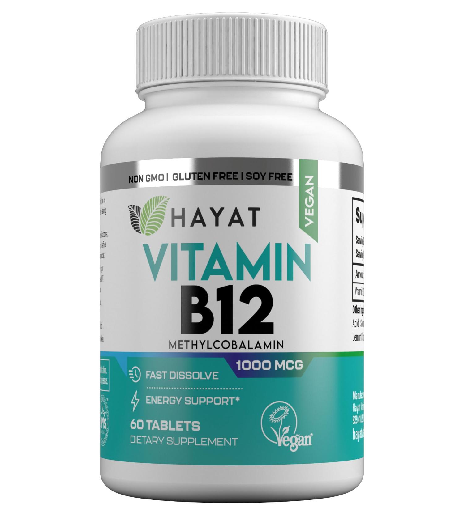 HAYAT Vitamins Vegan Natural Vitamin B12 1000 MCG Dietary Supplement for Energy Metabolism Support 2 Month Supply All Natural Certified Halal 60 Tablets Made in The USA - Buy Online on GoSupps.com