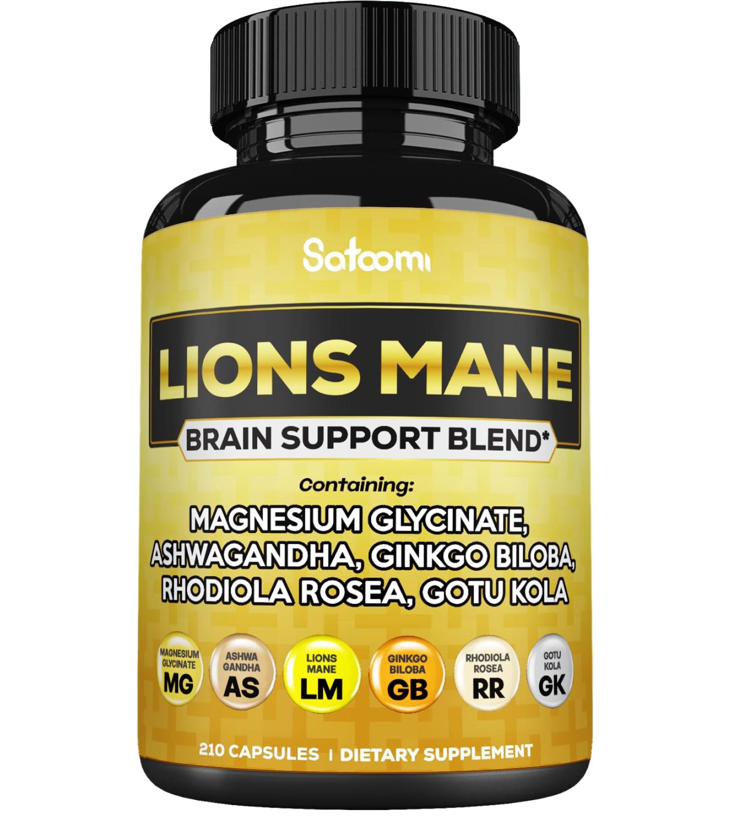 Satoomi Lions Mane Supplement Capsules with Magnesium with Ashwagandha Root, Ginkgo Biloba, Rhodiola Rosea and Gotu Kola - 210 Vegan Capsules - Support Brain Health, Positive Mood & Energy Production 210 Count (Pack of 1) - Buy Online on GoSupps.com