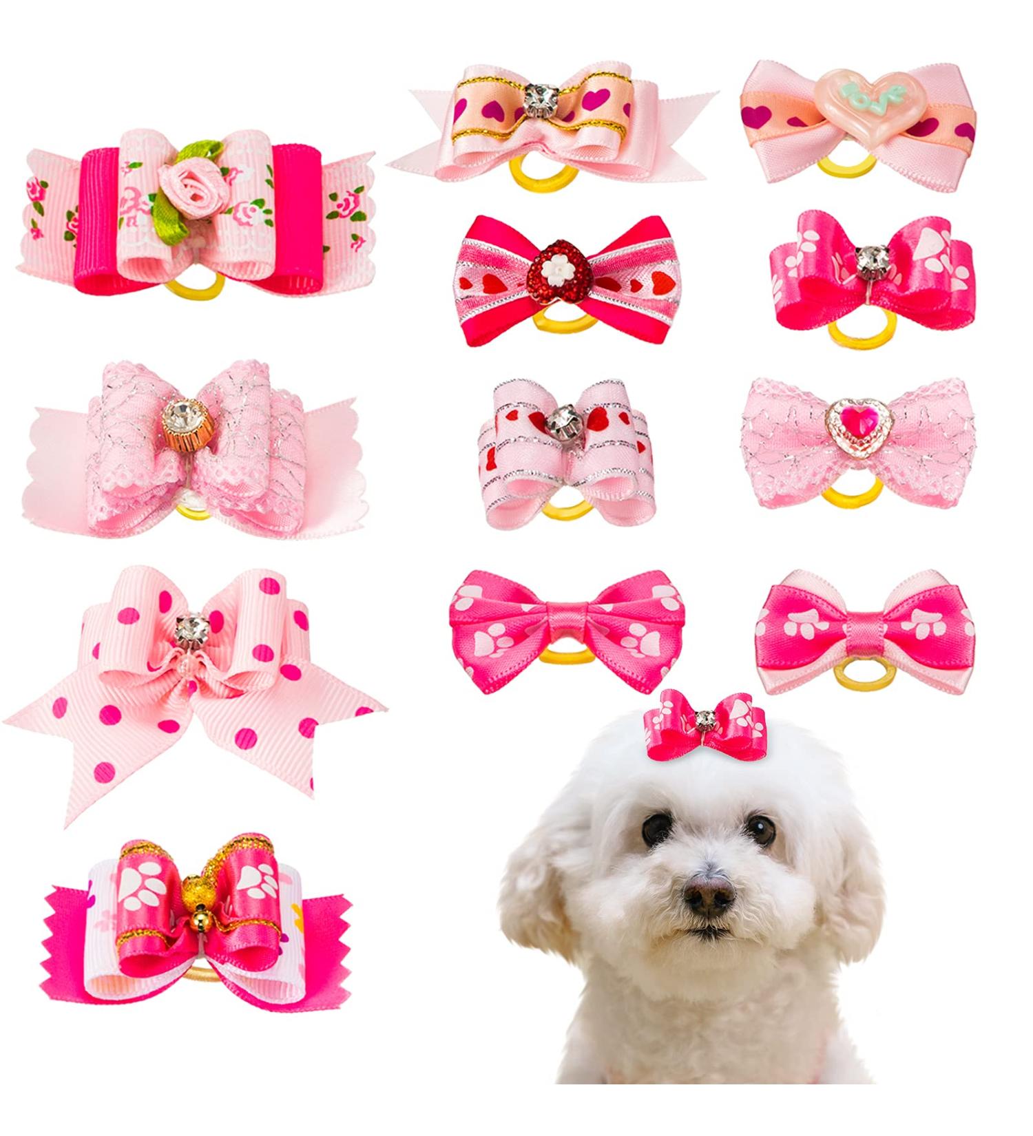 MTLEE 12pc Small Dog Hair Bow Rubber Bands | Cute Pink Pet Hair Bows with Rhinestones | Dog Grooming Accessories for Puppies and Kittens - Buy Online on GoSupps.com