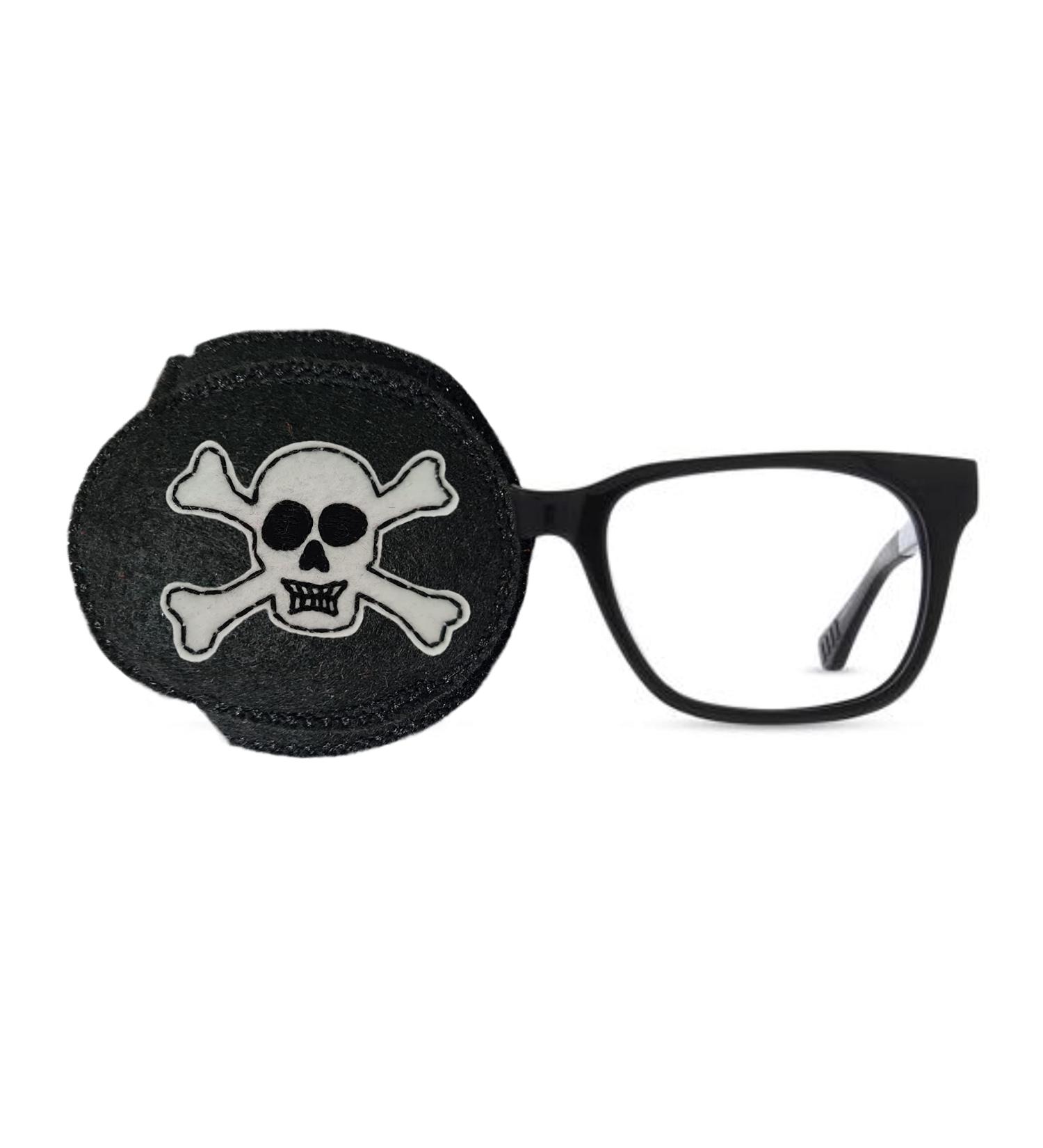 Reusable embroidered orthopedic eye flap for amblyopia lazy eye occlusion therapy treatment skull black (right eye cover)