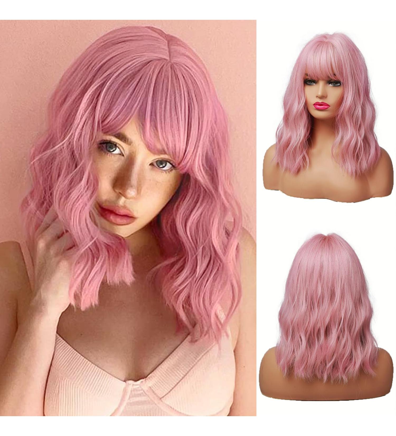 Oefei 14 Inch Short Wavy Pink Bob Wig - Heat-Resistant Synthetic Hair for Cosplay & Daily Use - Perfect for Parties - Buy Online on GoSupps.com
