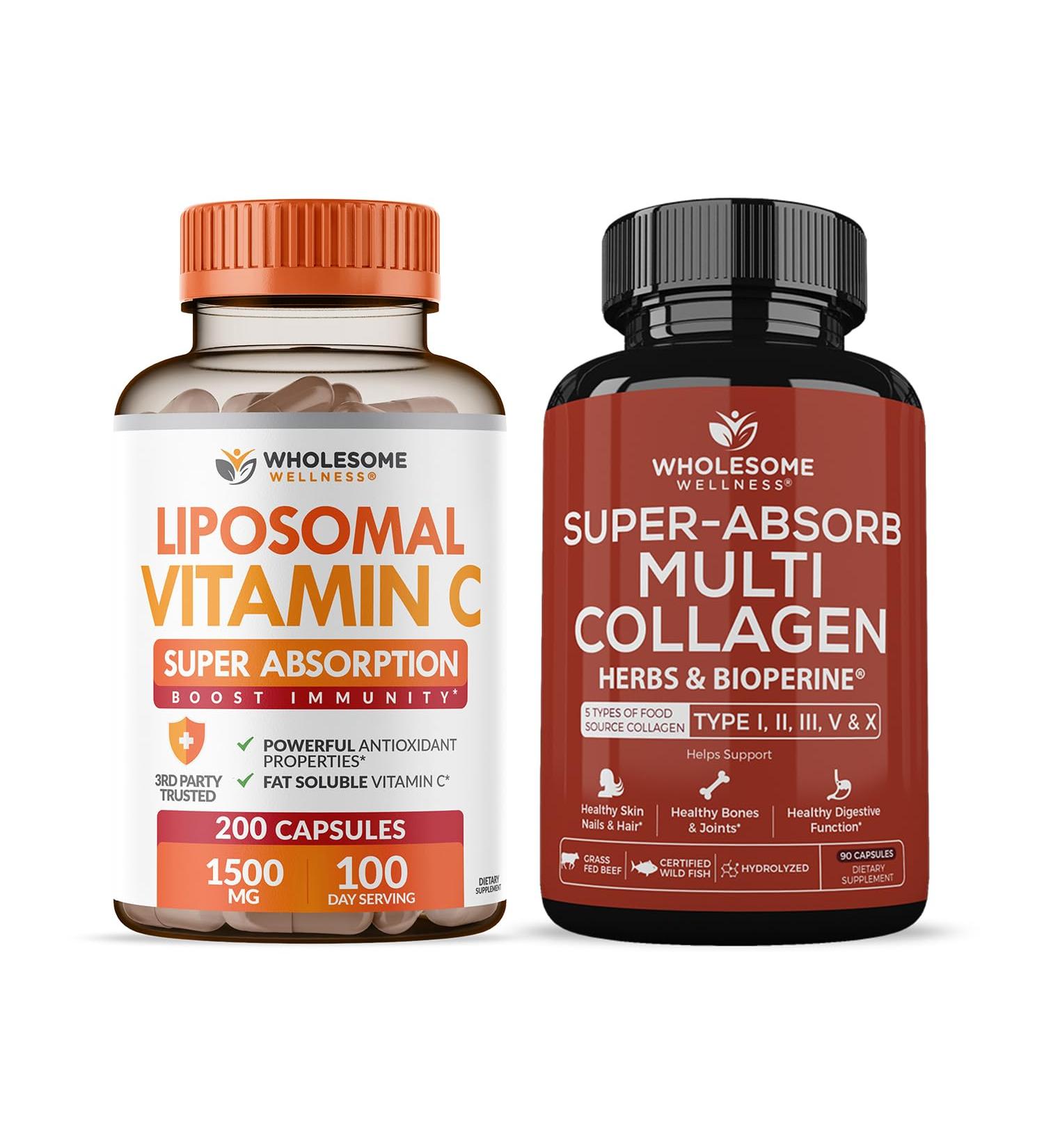 Wholesome Wellness Liposomal Vitamin C Capsules (200 Pills 1500mg Buffered) + Super-Absorb Multi Collagen Pills (Type I II III V X) Organic Herbs and Bioperine Bundle - Buy Online on GoSupps.com