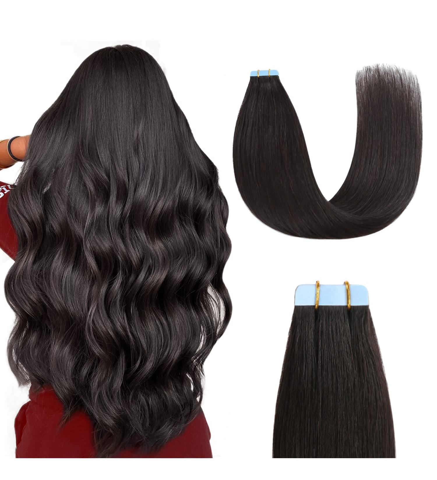 Sunya 24 Black Tape in Hair Extensions - 100% Human Hair Seamless Skin Weft, 50g (20pcs) - #1B Natural Black - Buy Online on GoSupps.com