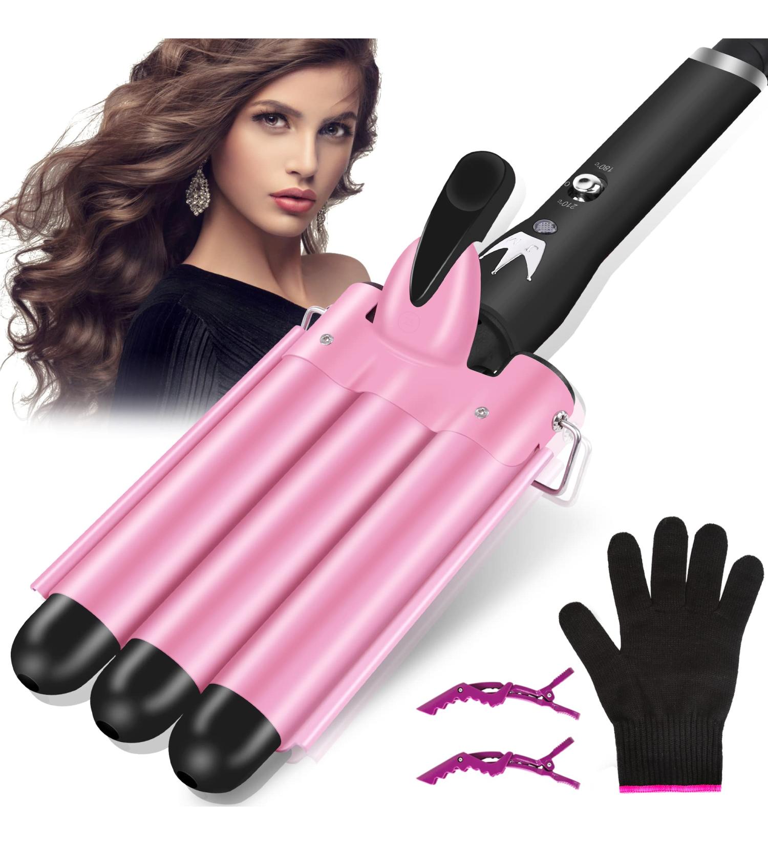 3 Barrels Hair Curler - 25mm Pink Curling Iron with 2 Temperature Control for Mermaid Waves | Quick Heating Hair Waver Styling Tool - Buy Online on GoSupps.com