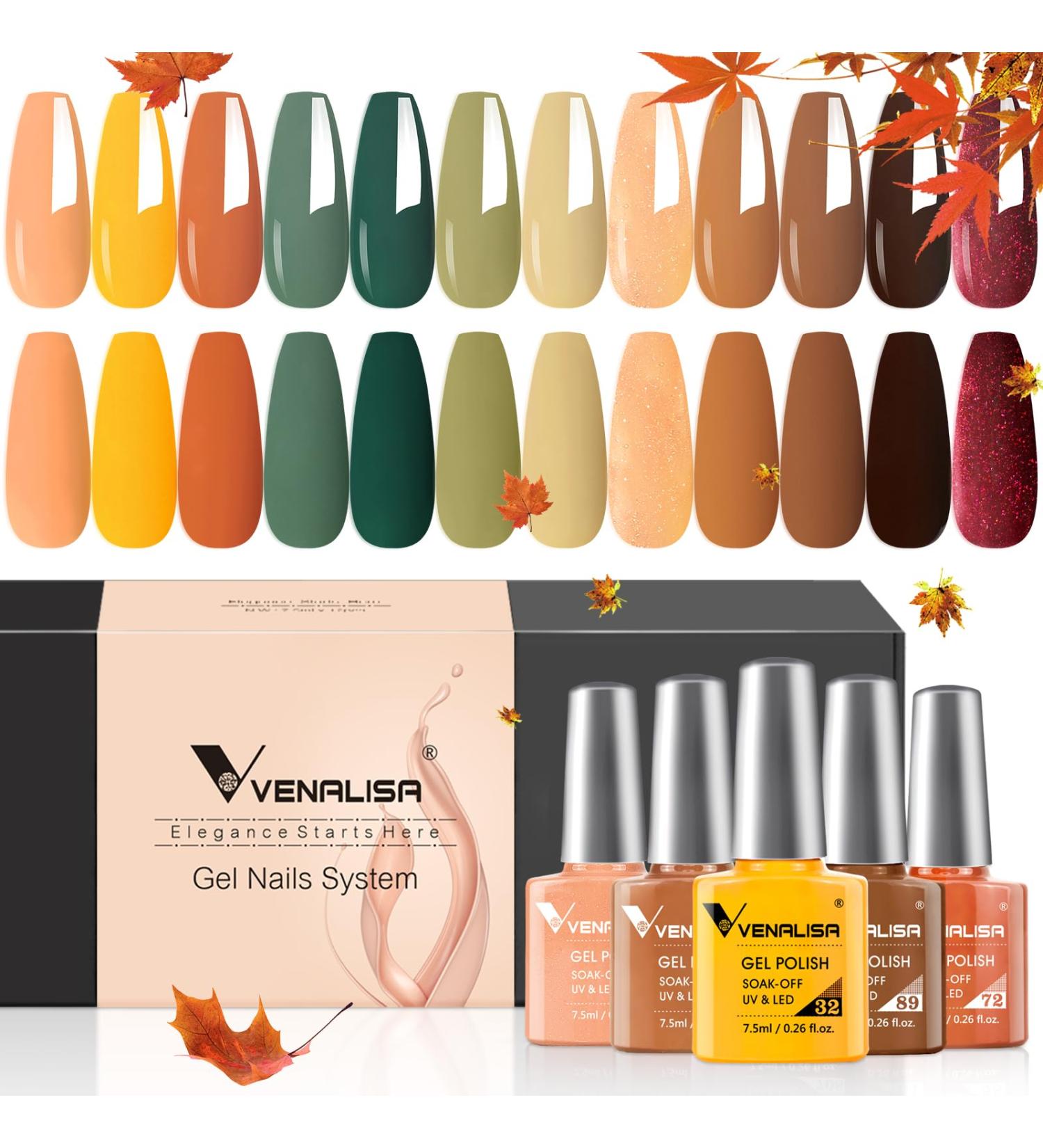 VENALISA Fall Gel Nail Polish Set - 12 Colors (Green Brown Yellow Glitter Red) - 7.5ml Soak Off UV LED Nail Gel for DIY Manicure & Salon Use - International Shipping Available - Buy Online on GoSupps.com