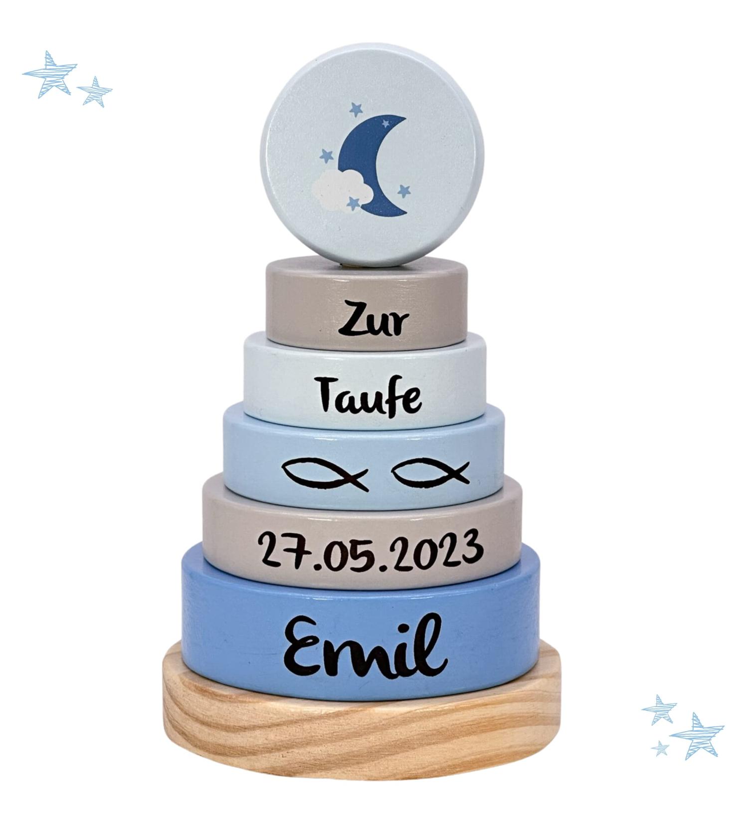Personalized Kidslino Baptism Gifts - Engraved Blue Moon Stacked Tower for Babies | Custom Name & Baptismal Date - Buy Online on GoSupps.com