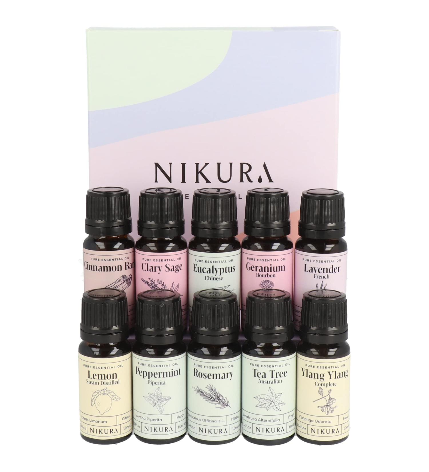 Nikura Top 10 Essential Oil Gift Set - 10 x 10ml | Aromatherapy Oils for Diffuser | Christmas Skin Cleaning | Lavender, Lemon, Peppermint, Tea Tree | Pure & Natural 10 Set - Buy Online on GoSupps.com