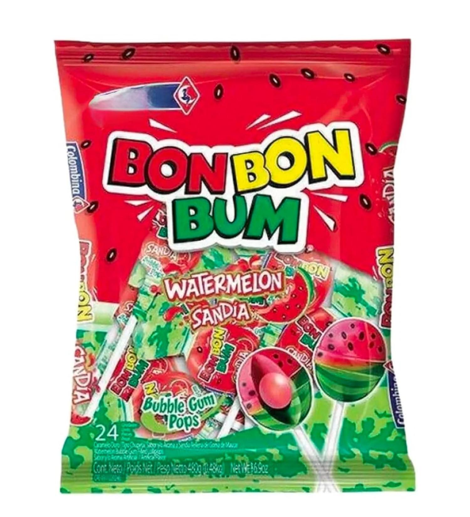 Colombina COLOMBINA Bon Bon Bum Pacifier Watermelon - Watermelon Flavored Lollipops Filled with Bubble Gum 408 g
