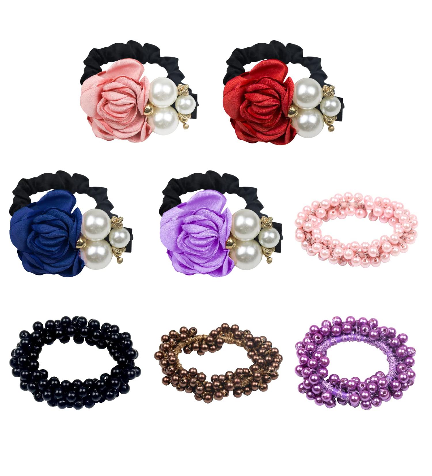 8pcs Pearl Elastic Hair Scrunchies Set - Pretty Floral Headbands & Ponytail Holders - Buy Online on GoSupps.com