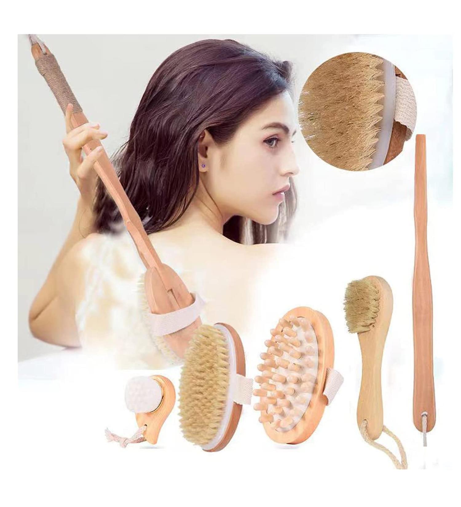 Premium Dry Brushing Body Brush Set - Exfoliating Scrubber with Long Handle | Natural Boar Bristles | Face Cleansing Brush | Lymphatic Drainage | Gift for Glowing Skin - Buy Online on GoSupps.com