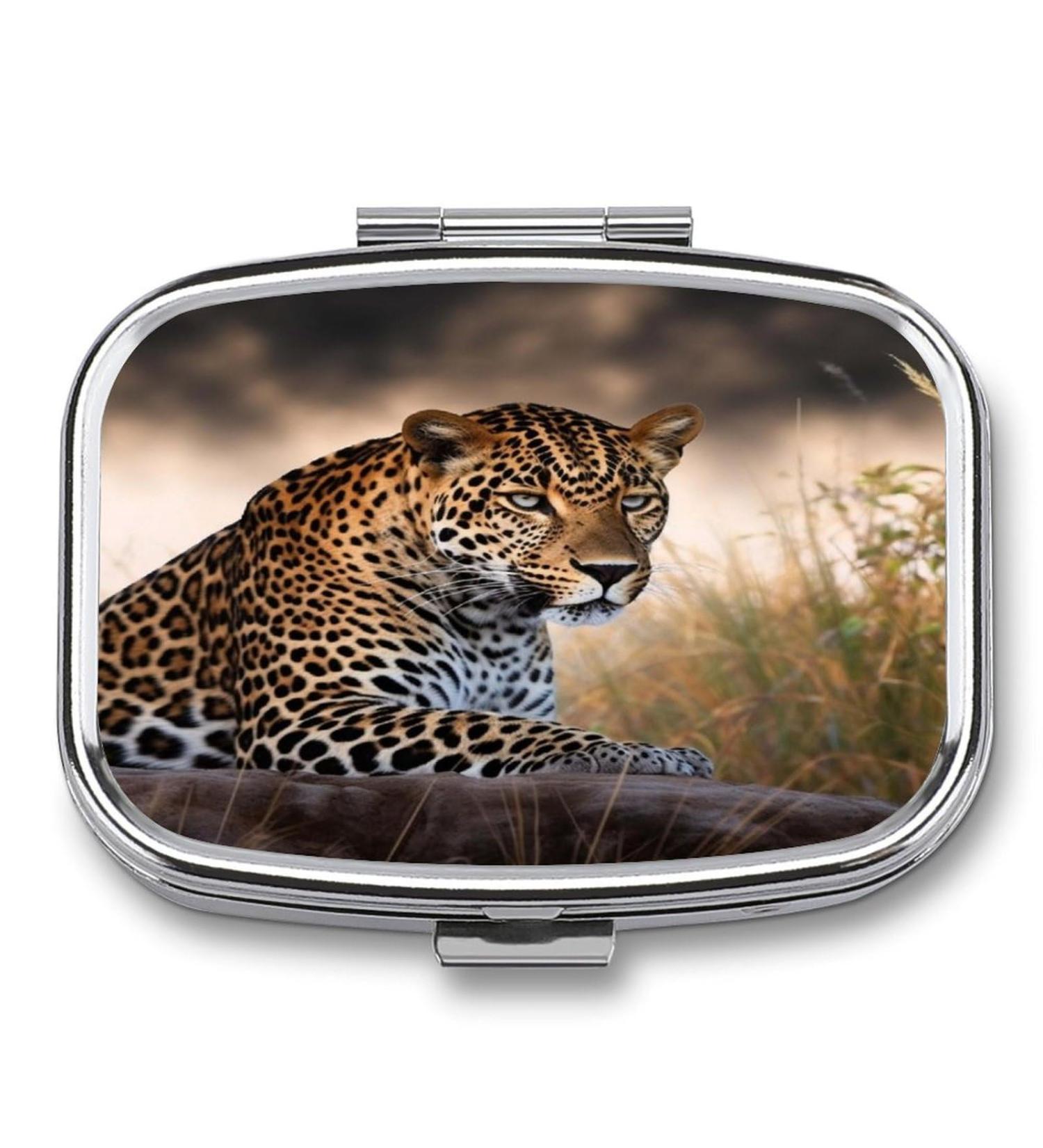 Shop Stylish Leopard Print Pill Box | 2 Compartment Medicine Organizer - Portable Decorative Metal Case for Pocket or Purse - Buy Online on GoSupps.com