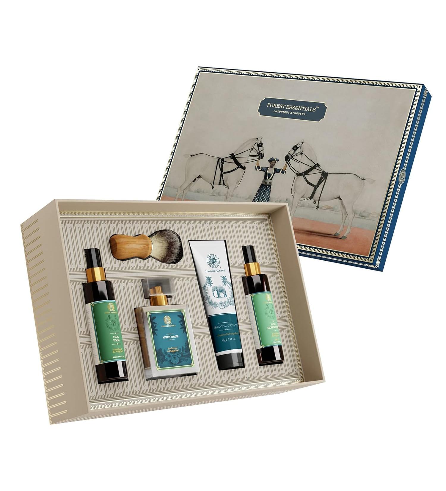 Forest Essentials Gift Box | Luxuriously Scented Sandalwood & Orange Peel Gift Set for Men with Face Wash Shaving Cream After Shave Spray & Facial Moisturizer Birthday & Anniversary 5 Piece Gift Set