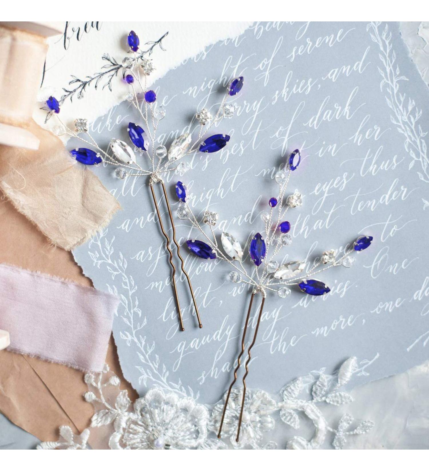 Handmade Bridal Hair Pins Set - Pink Champagne Rose Gold Pearl Beads Headpiece for Wedding & Party - Silver & Blue (Set of 2) by Kercisbeauty - Buy Online on GoSupps.com