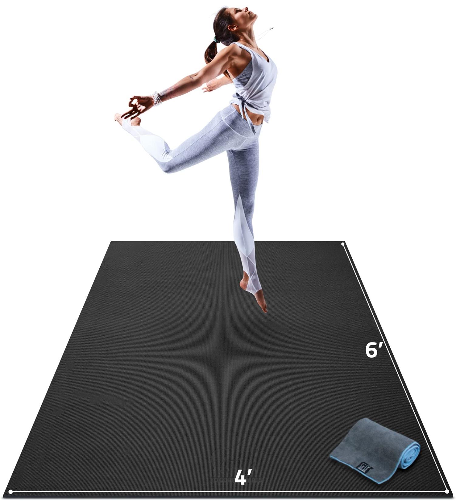 Gorilla Mats Premium Large Yoga Mat 6' x 4' x 8mm - Non-Toxic, Non-Slip Barefoot Exercise Mat for Home Workouts - Onyx Black/Grey - Buy Online on GoSupps.com